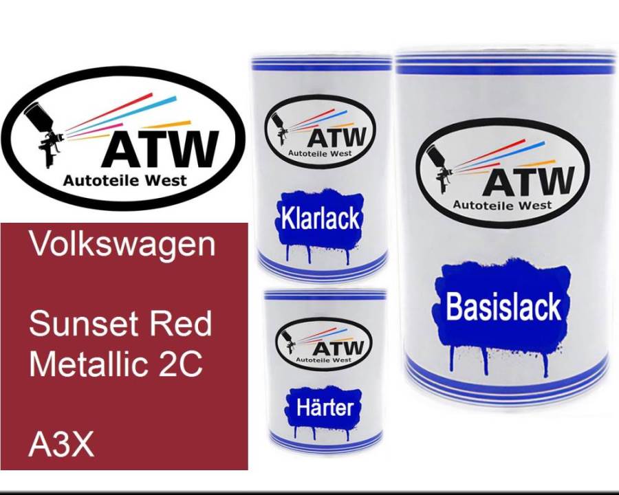 Volkswagen, Sunset Red Metallic 2C, A3X: 500ml Lackdose + 500ml Klarlack + 250ml Härter - Set, von ATW Autoteile West.